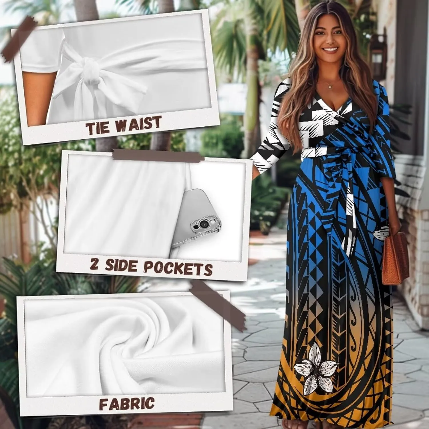 Polynesia Puletasi Samoa Puletasi Casual Maxi Dress Tonga Samoa Tribal Tatau Long Sleeve Elegant Belts Dresses