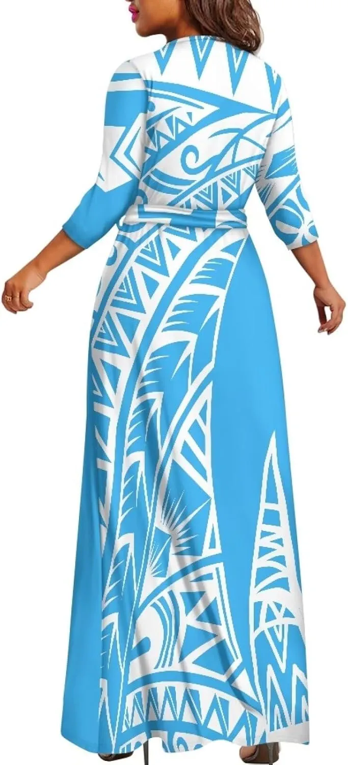 Polynesia Puletasi Samoa Puletasi Casual Maxi Dress Tonga Samoa Tribal Tatau Long Sleeve Elegant Belts Dresses