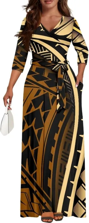 Polynesia Puletasi Samoa Puletasi Casual Maxi Dress Tonga Samoa Tribal Tatau Long Sleeve Elegant Belts Dresses