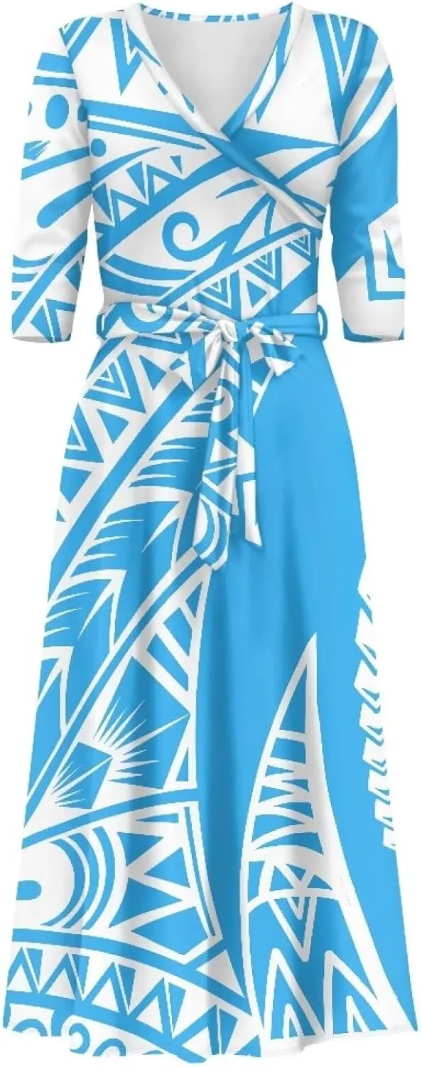 Polynesia Puletasi Samoa Puletasi Casual Maxi Dress Tonga Samoa Tribal Tatau Long Sleeve Elegant Belts Dresses