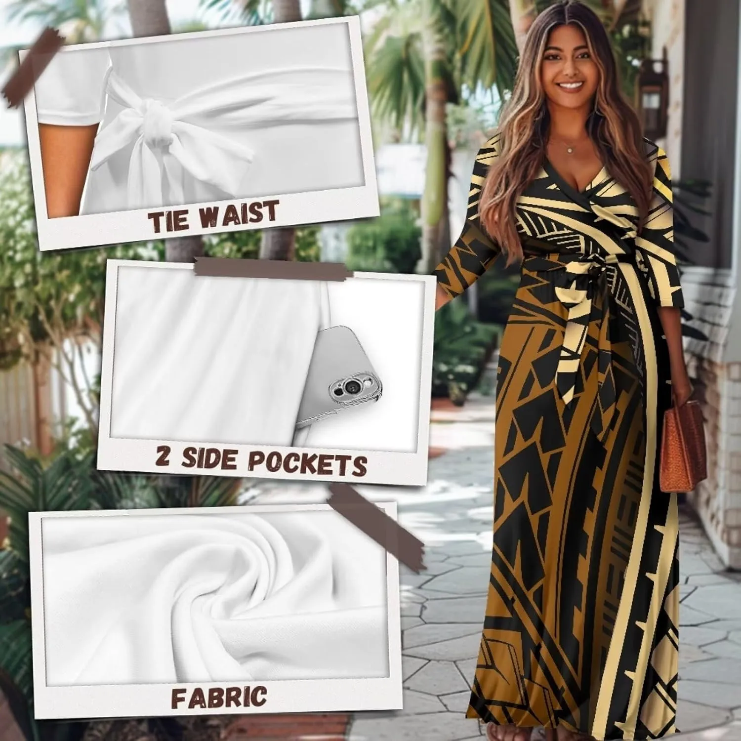 Polynesia Puletasi Samoa Puletasi Casual Maxi Dress Tonga Samoa Tribal Tatau Long Sleeve Elegant Belts Dresses