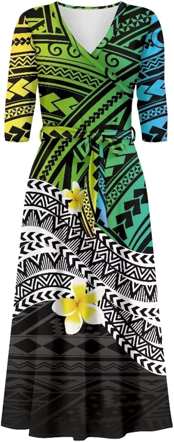Polynesia Puletasi Samoa Puletasi Casual Maxi Dress Tonga Samoa Tribal Tatau Long Sleeve Elegant Belts Dresses