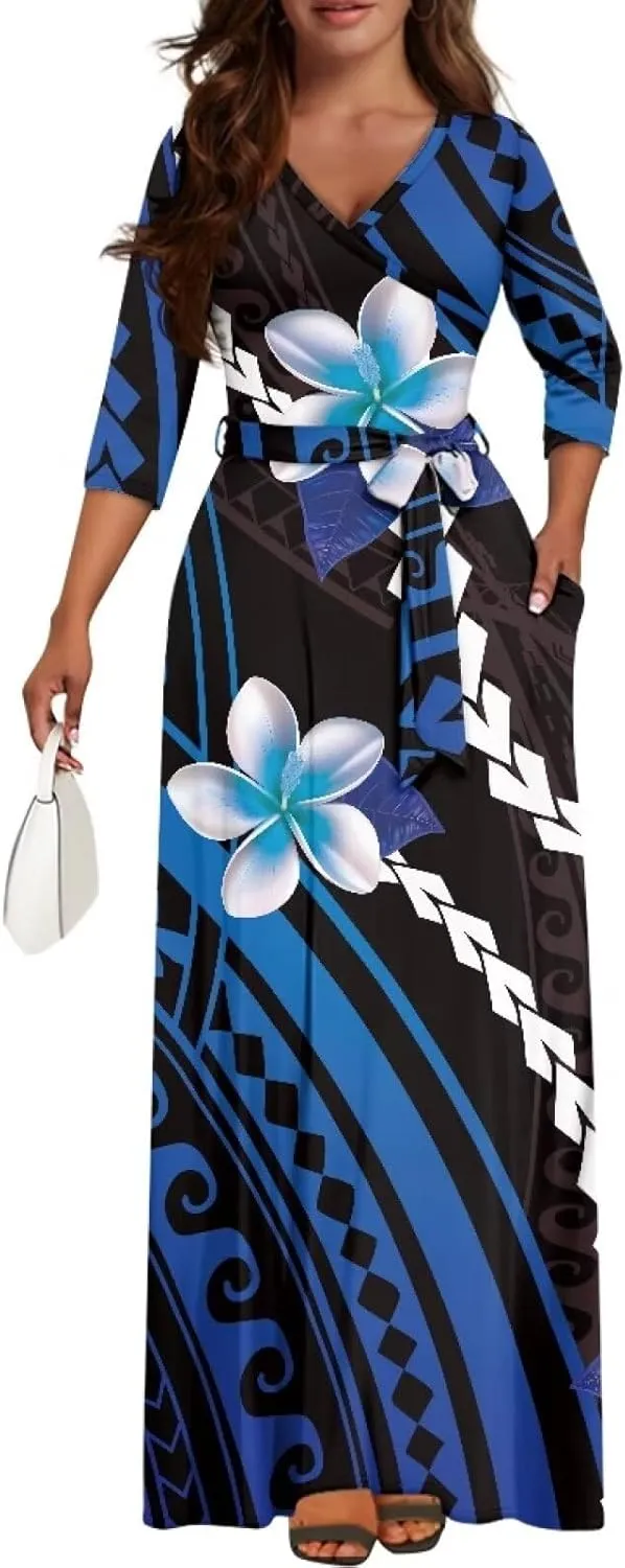 Polynesia Puletasi Samoa Puletasi Casual Maxi Dress Tonga Samoa Tribal Tatau Long Sleeve Elegant Belts Dresses