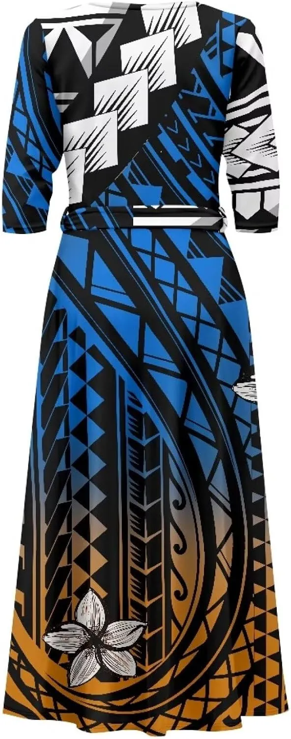 Polynesia Puletasi Samoa Puletasi Casual Maxi Dress Tonga Samoa Tribal Tatau Long Sleeve Elegant Belts Dresses