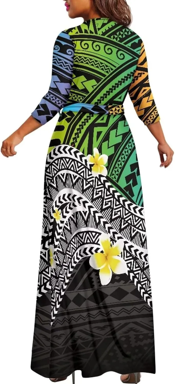 Polynesia Puletasi Samoa Puletasi Casual Maxi Dress Tonga Samoa Tribal Tatau Long Sleeve Elegant Belts Dresses