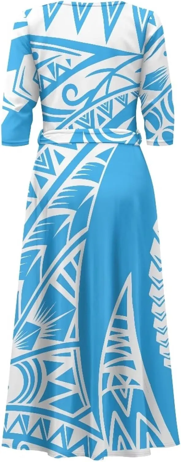 Polynesia Puletasi Samoa Puletasi Casual Maxi Dress Tonga Samoa Tribal Tatau Long Sleeve Elegant Belts Dresses
