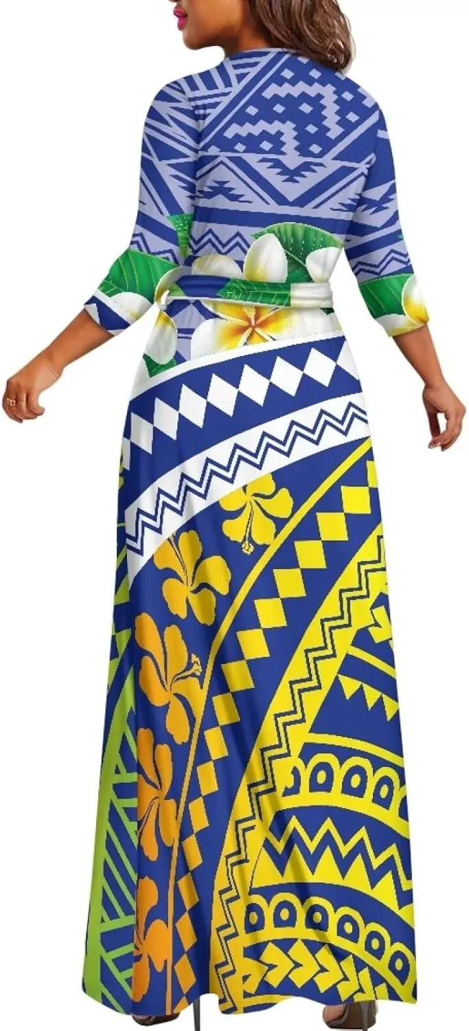 Polynesia Puletasi Samoa Puletasi Casual Maxi Dress Tonga Samoa Tribal Tatau Long Sleeve Elegant Belts Dresses