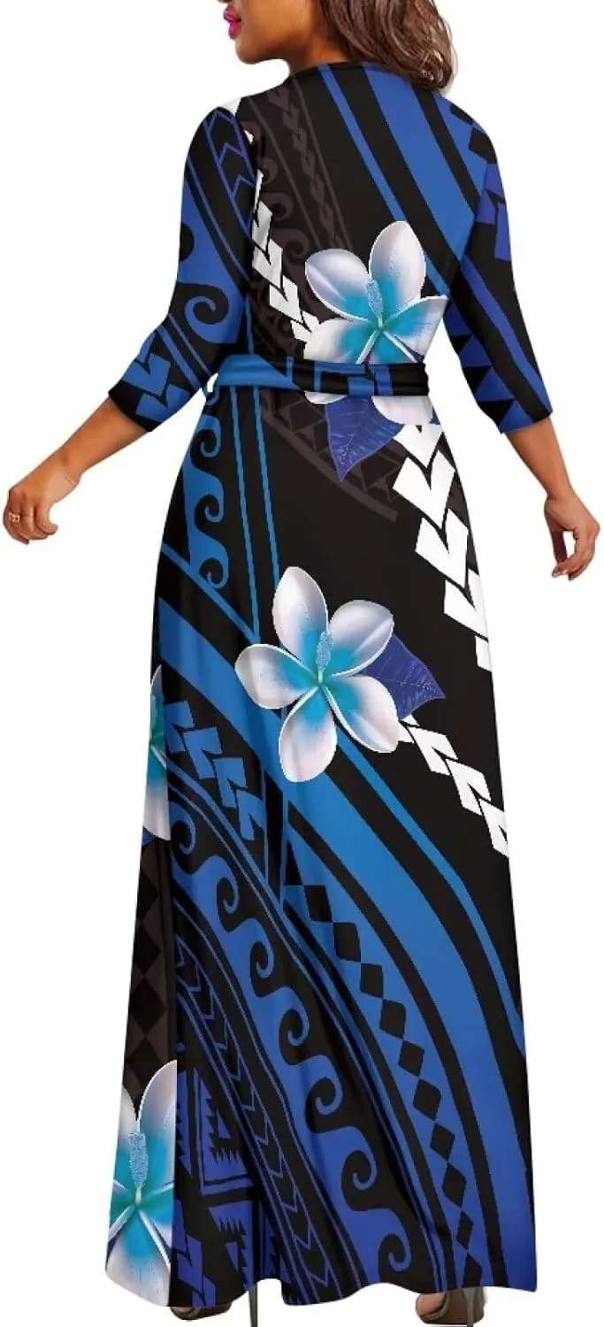 Polynesia Puletasi Samoa Puletasi Casual Maxi Dress Tonga Samoa Tribal Tatau Long Sleeve Elegant Belts Dresses