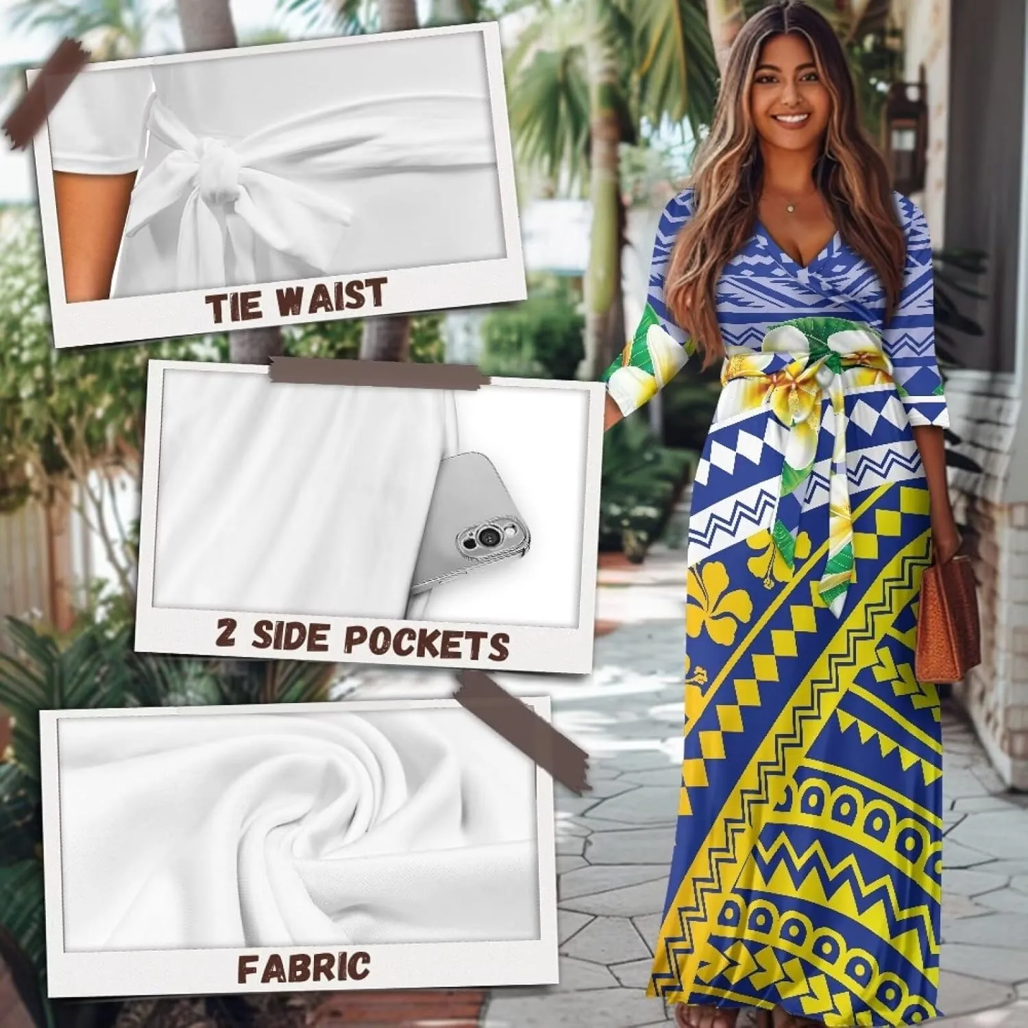 Polynesia Puletasi Samoa Puletasi Casual Maxi Dress Tonga Samoa Tribal Tatau Long Sleeve Elegant Belts Dresses