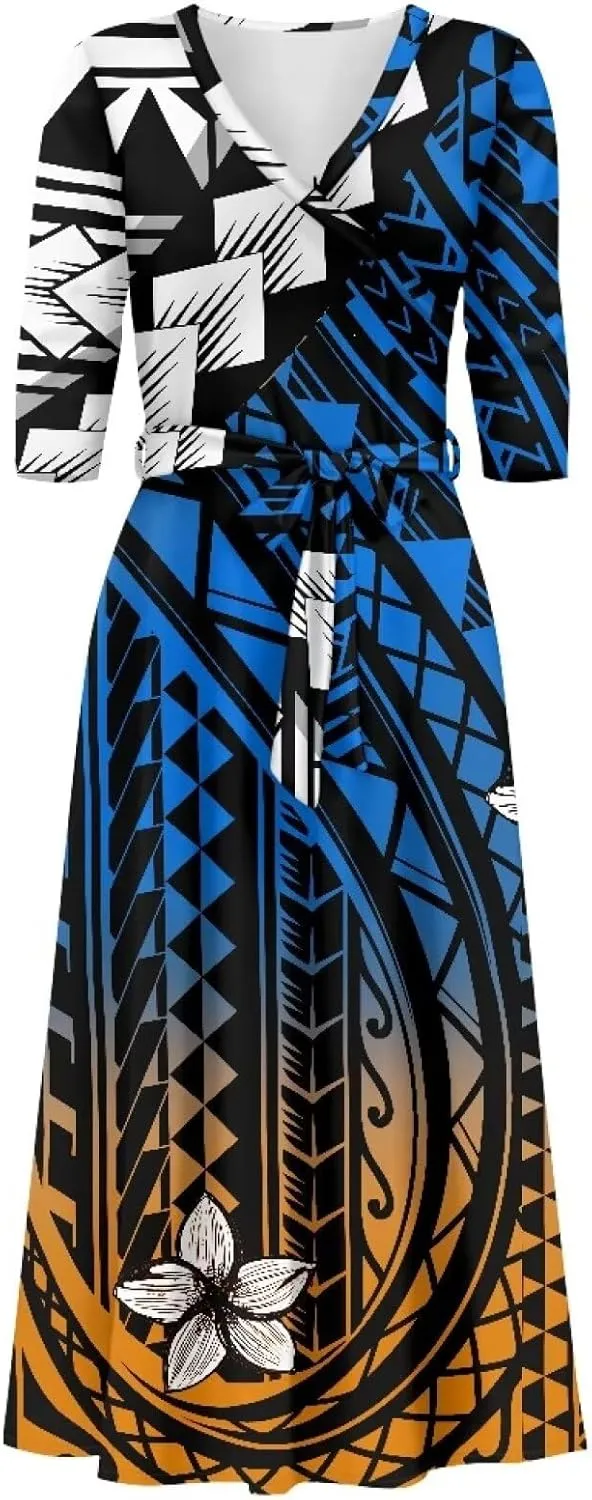 Polynesia Puletasi Samoa Puletasi Casual Maxi Dress Tonga Samoa Tribal Tatau Long Sleeve Elegant Belts Dresses