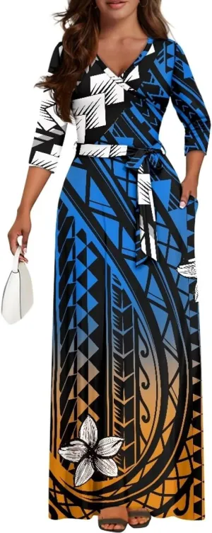 Polynesia Puletasi Samoa Puletasi Casual Maxi Dress Tonga Samoa Tribal Tatau Long Sleeve Elegant Belts Dresses