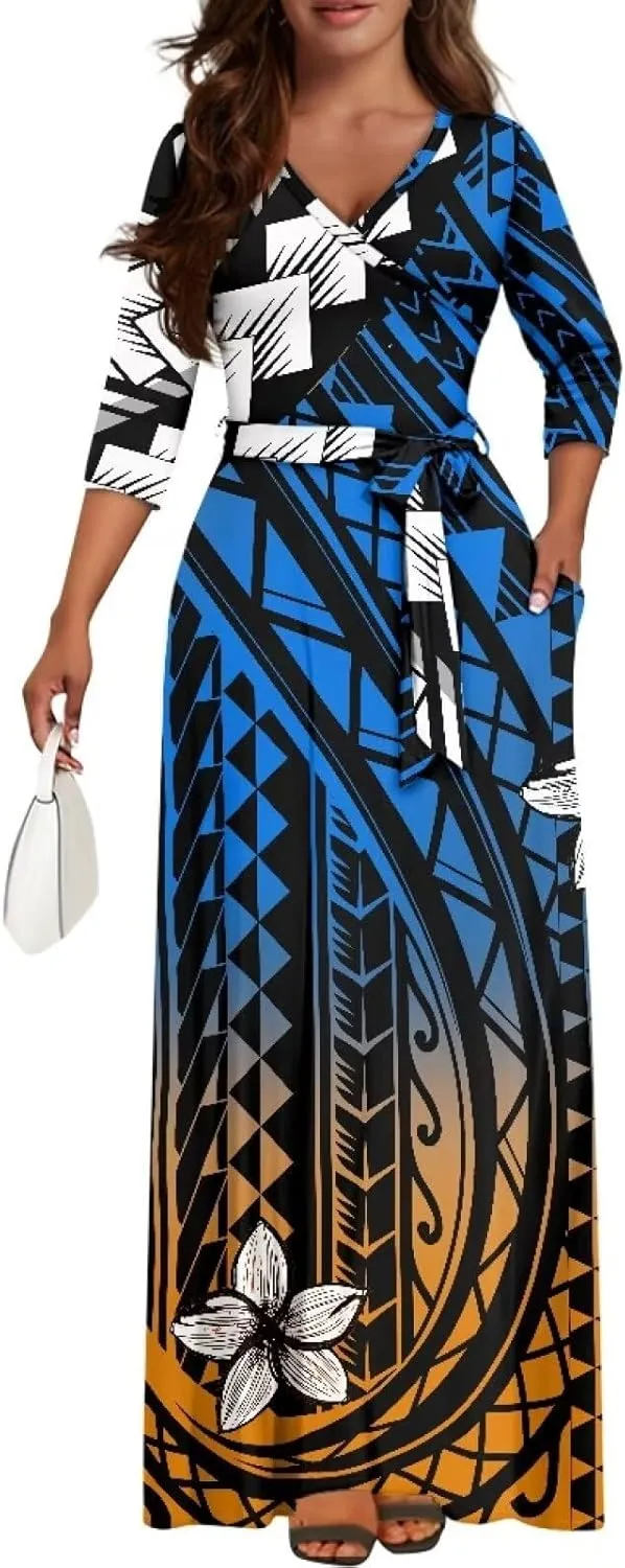 Polynesia Puletasi Samoa Puletasi Casual Maxi Dress Tonga Samoa Tribal Tatau Long Sleeve Elegant Belts Dresses