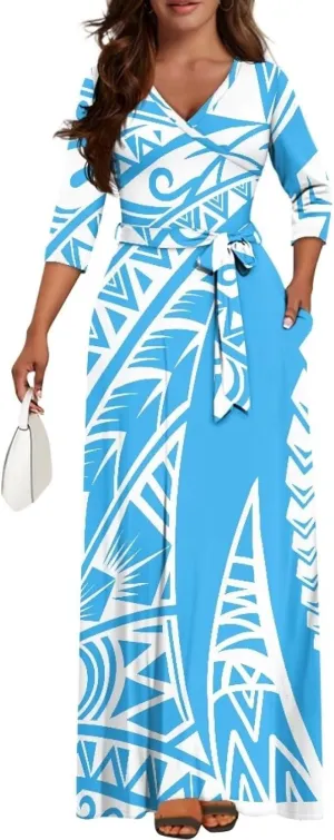 Polynesia Puletasi Samoa Puletasi Casual Maxi Dress Tonga Samoa Tribal Tatau Long Sleeve Elegant Belts Dresses