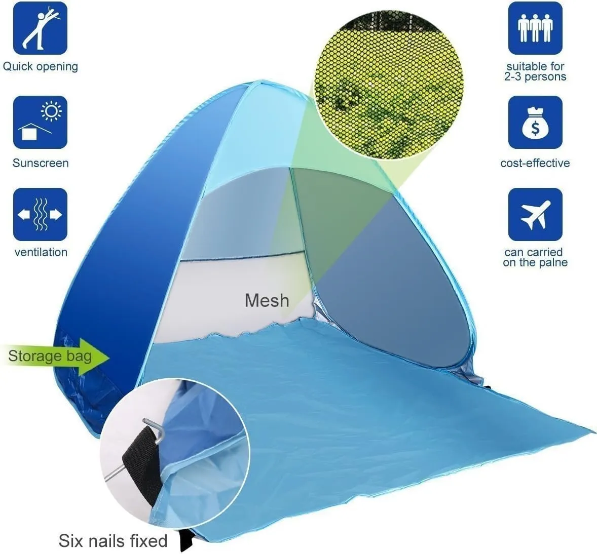 Pop Up Beach Tent, UPF 50  for UV Sun Protection Camping Tent, Waterproof Beach Umbrella for Family Portable Sun Shades for Outdoor Patio, Fishing, Picnic,Pool Parties (Blue)