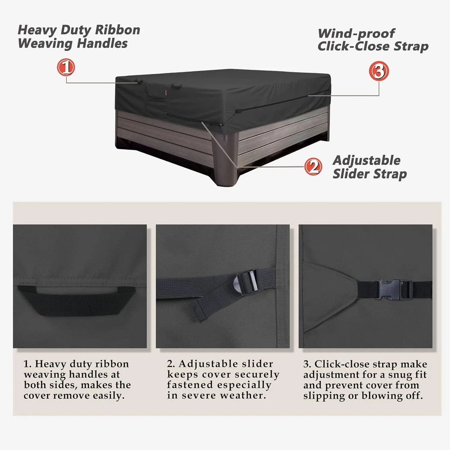 Porch Shield 600D Waterproof and Fade Resistant Outdoor Hot Tub Cover 95 x 95 inch fit 94 x 94 or 93 x 93 or 92 x 92 Square SPA Cover Protector, Black