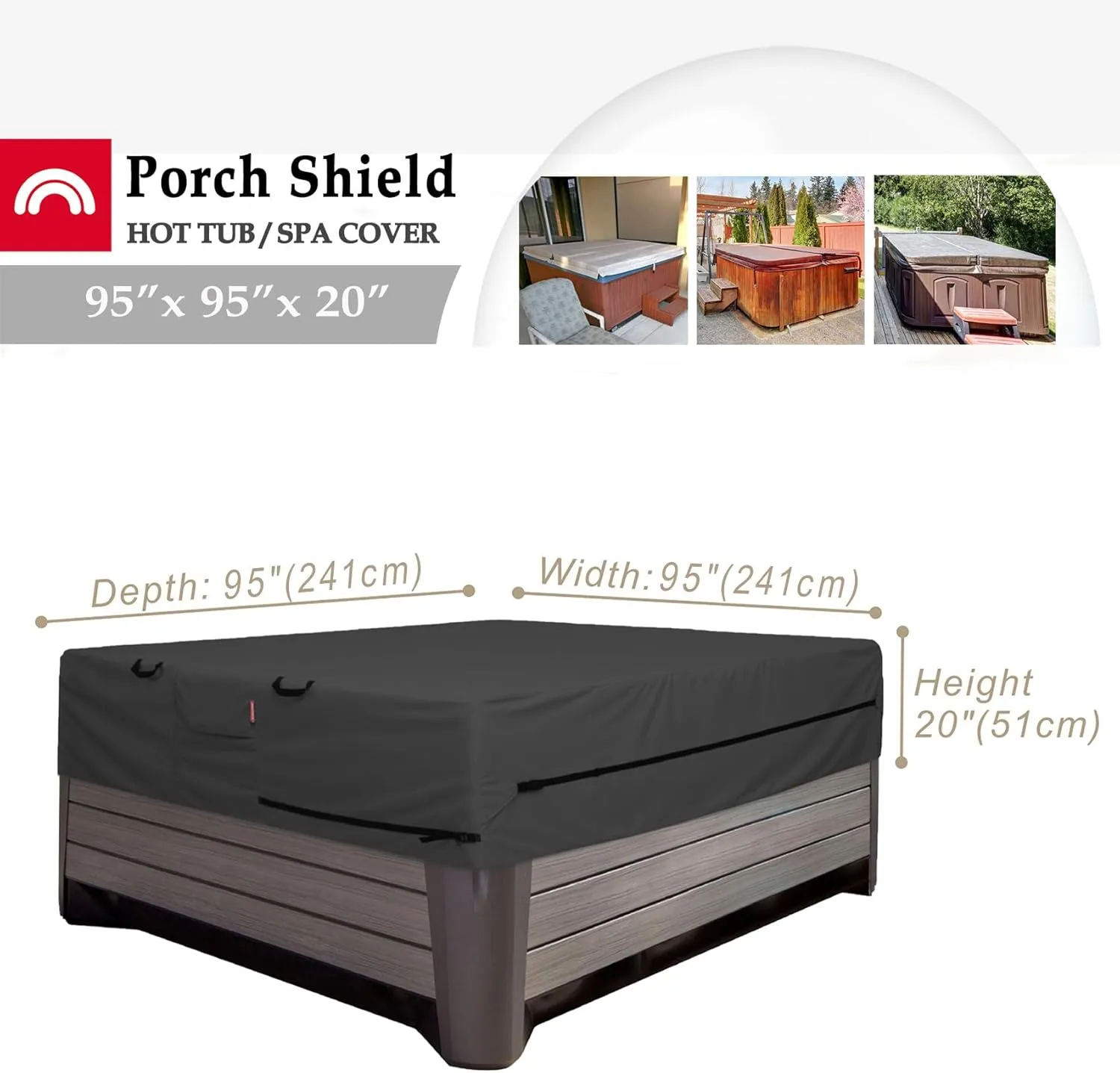 Porch Shield 600D Waterproof and Fade Resistant Outdoor Hot Tub Cover 95 x 95 inch fit 94 x 94 or 93 x 93 or 92 x 92 Square SPA Cover Protector, Black