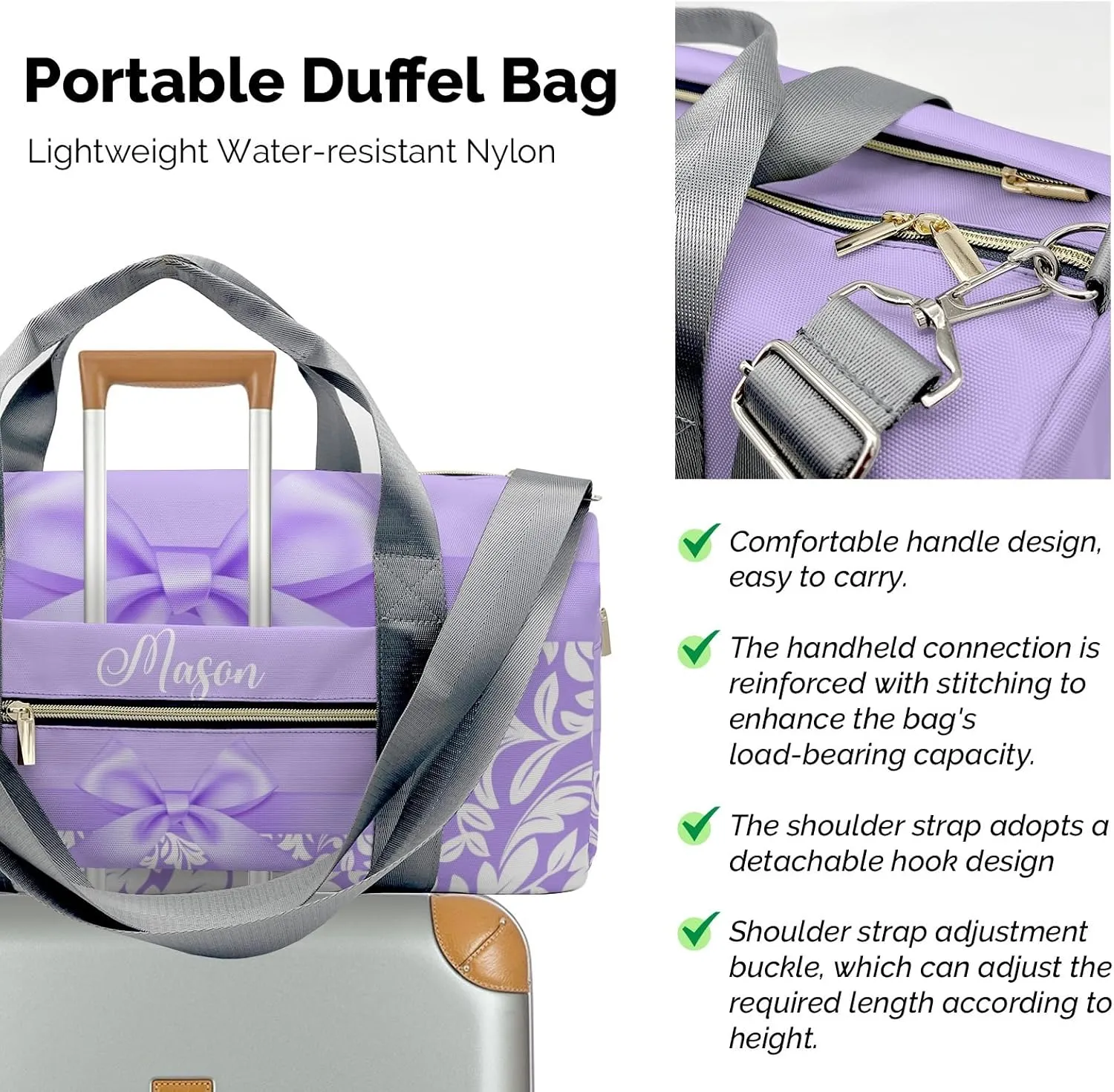 Princess Bow Purple Personalized Duffel Bag,Custom Travel Gym Bag with Name,Waterproof Sports Overnight Bag with Shoe Compartment & Shoulder Strap