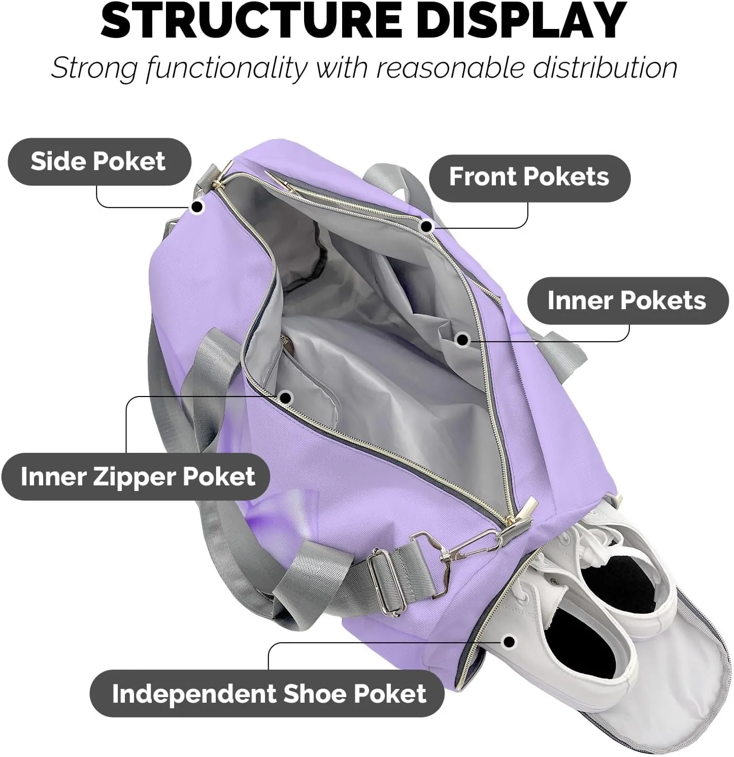 Princess Bow Purple Personalized Duffel Bag,Custom Travel Gym Bag with Name,Waterproof Sports Overnight Bag with Shoe Compartment & Shoulder Strap