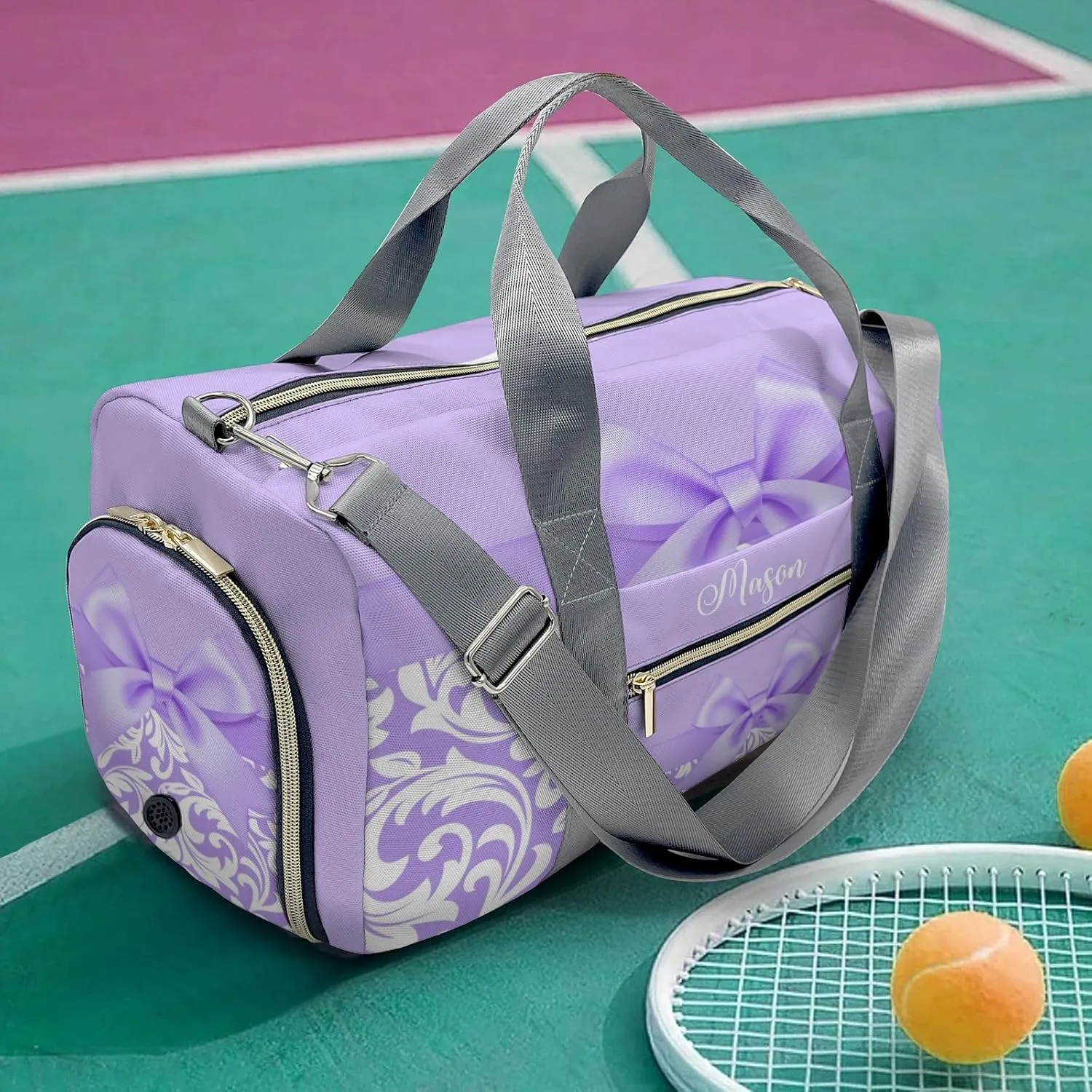 Princess Bow Purple Personalized Duffel Bag,Custom Travel Gym Bag with Name,Waterproof Sports Overnight Bag with Shoe Compartment & Shoulder Strap