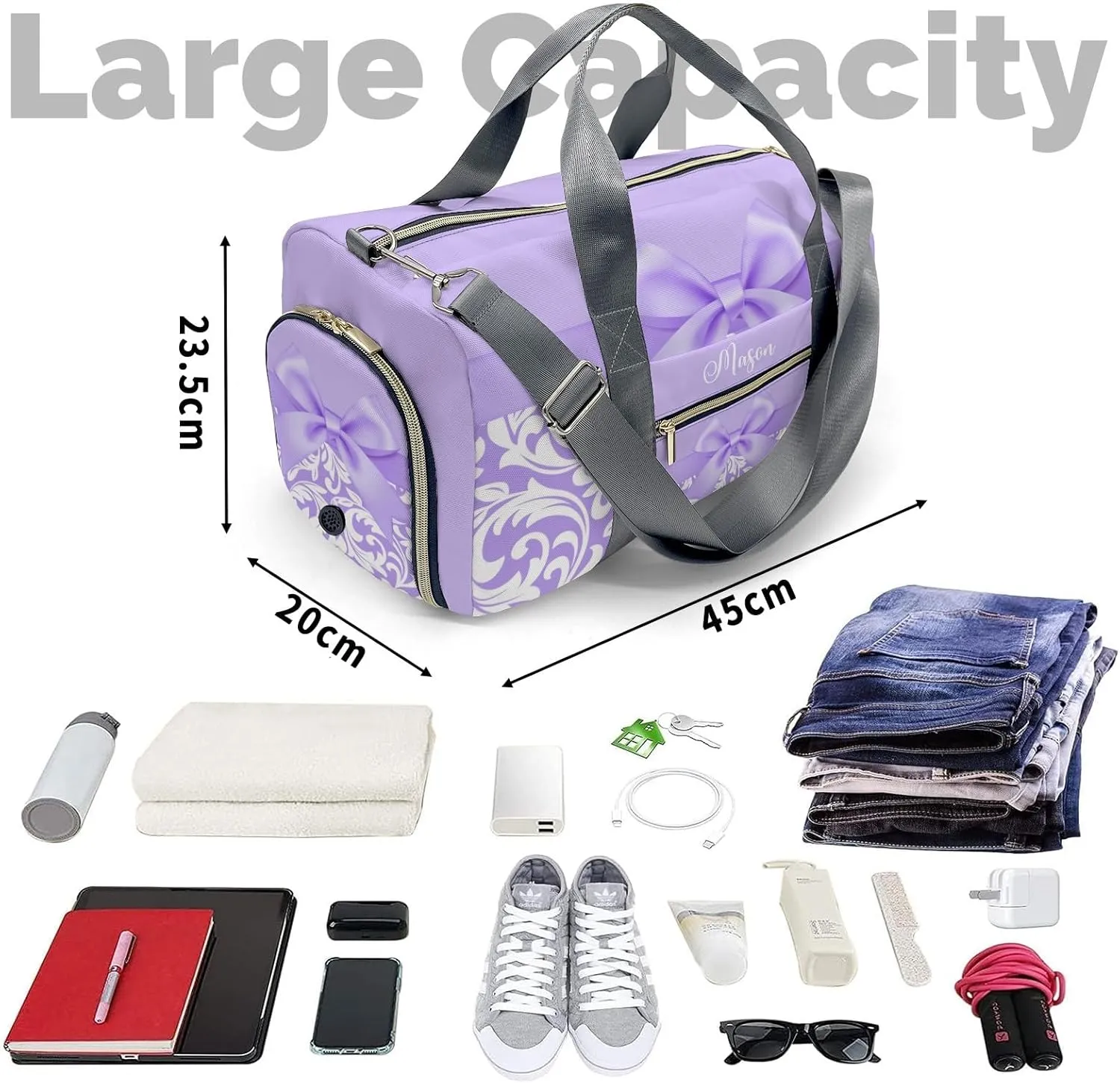 Princess Bow Purple Personalized Duffel Bag,Custom Travel Gym Bag with Name,Waterproof Sports Overnight Bag with Shoe Compartment & Shoulder Strap