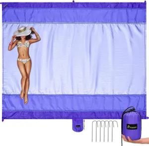 PTEROMY Beach Blanket Waterproof Sandproof, Extra Large Beach Mat with Storage Bag, Quick Drying Lightweight, 6 Stakes, Accessories for Picnic, Travel (9x10 FT, Purple)