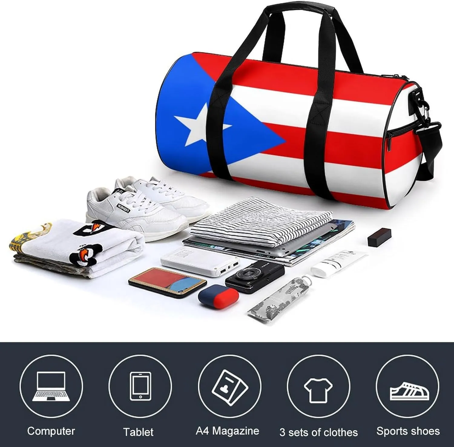 Puerto Rico Flag Sports Duffle Bag with Dry Wet Separation Overnight Gym Bag for Men Women Travel