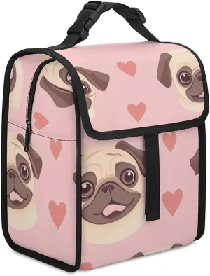 Pug Dogs And Hearts Insulated Lunch Cooler Bag Waterproof Lunch Box for Work Picnic Or Travel