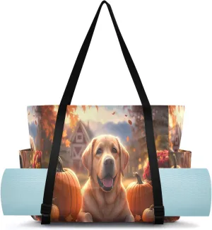 Pumpkin Fall Leaves Dog Yoga Mat Bag Carrier with Wet Dry Storage Pockets Pilates Bag Large Gym Tote Carryall with Water Bottle Holder for Travel Beach Women Men Office