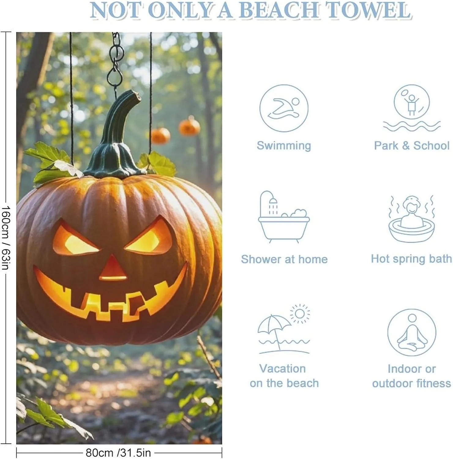 Pumpkin Lantern in The Woods Beach Towel Oversized Beach Blanket Quick Drying Pool Towels 31x63 Inches Waterproof Sandproof Outdoor Travel Towel Summer Essentials for Travel, Camping, Hiking
