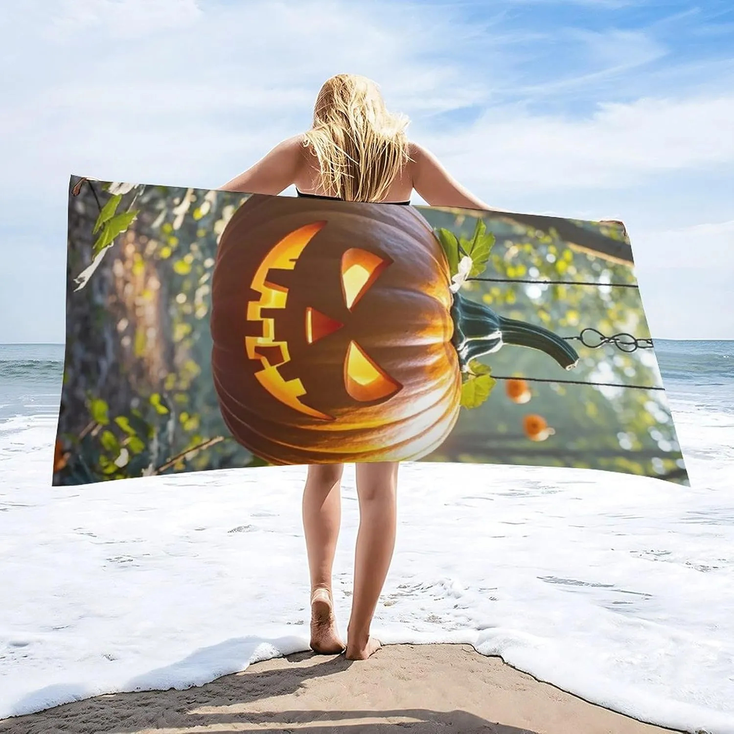 Pumpkin Lantern in The Woods Beach Towel Oversized Beach Blanket Quick Drying Pool Towels 31x63 Inches Waterproof Sandproof Outdoor Travel Towel Summer Essentials for Travel, Camping, Hiking