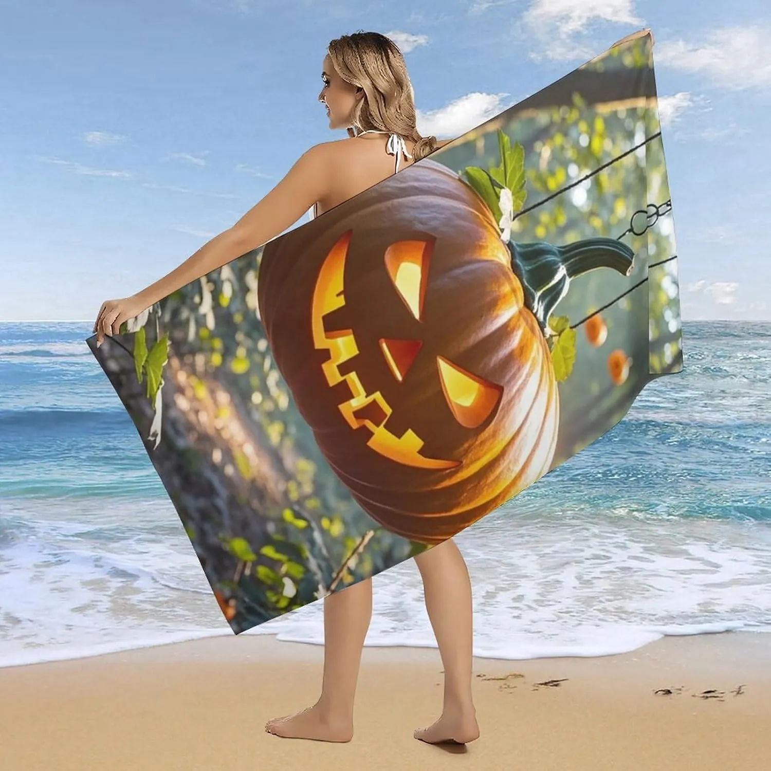 Pumpkin Lantern in The Woods Beach Towel Oversized Beach Blanket Quick Drying Pool Towels 31x63 Inches Waterproof Sandproof Outdoor Travel Towel Summer Essentials for Travel, Camping, Hiking