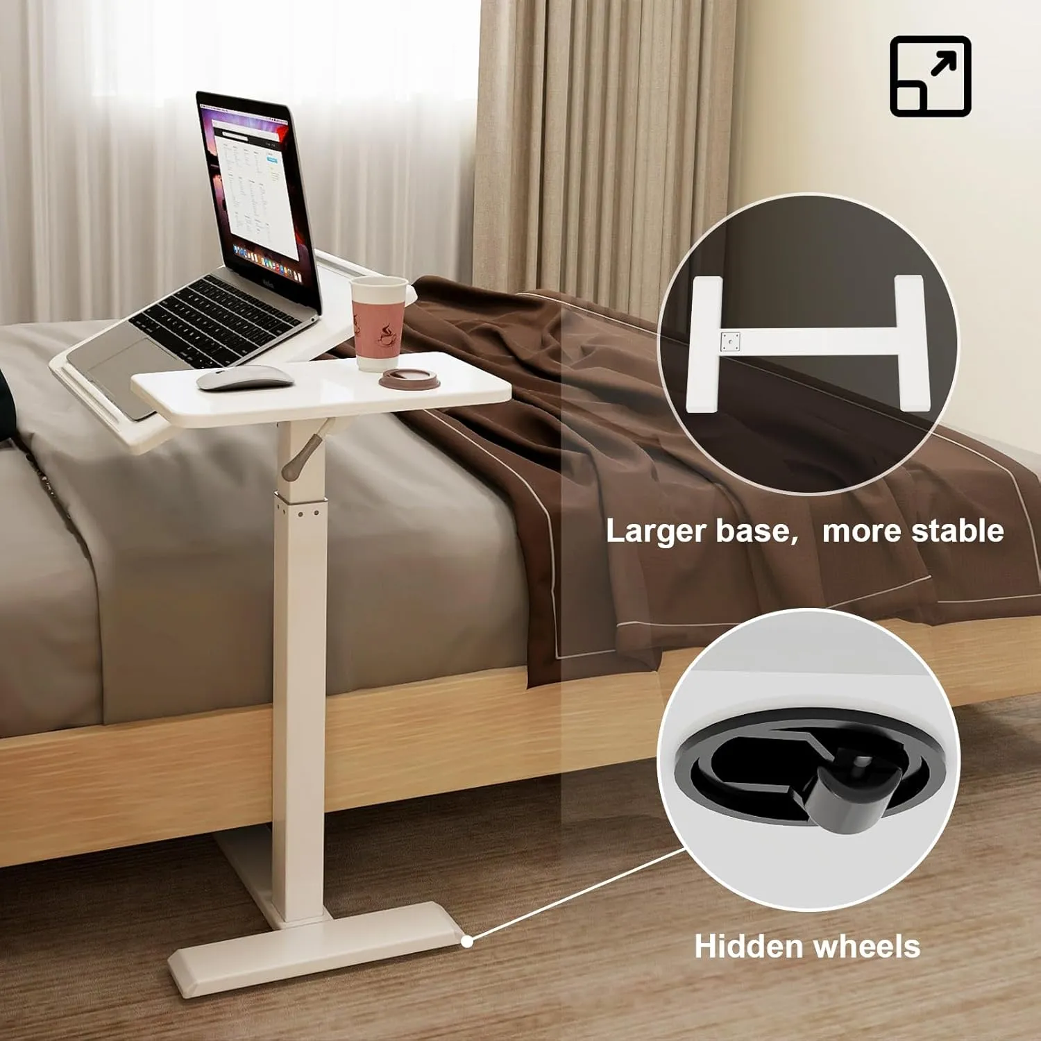 PUNCIA Adjustable Pneumatic Overbed Table with Wheels Split Top Tilting Bedside Bed Table with Tray Rolling Laptop Computer Standing Desk Cart Height 27"-40"
