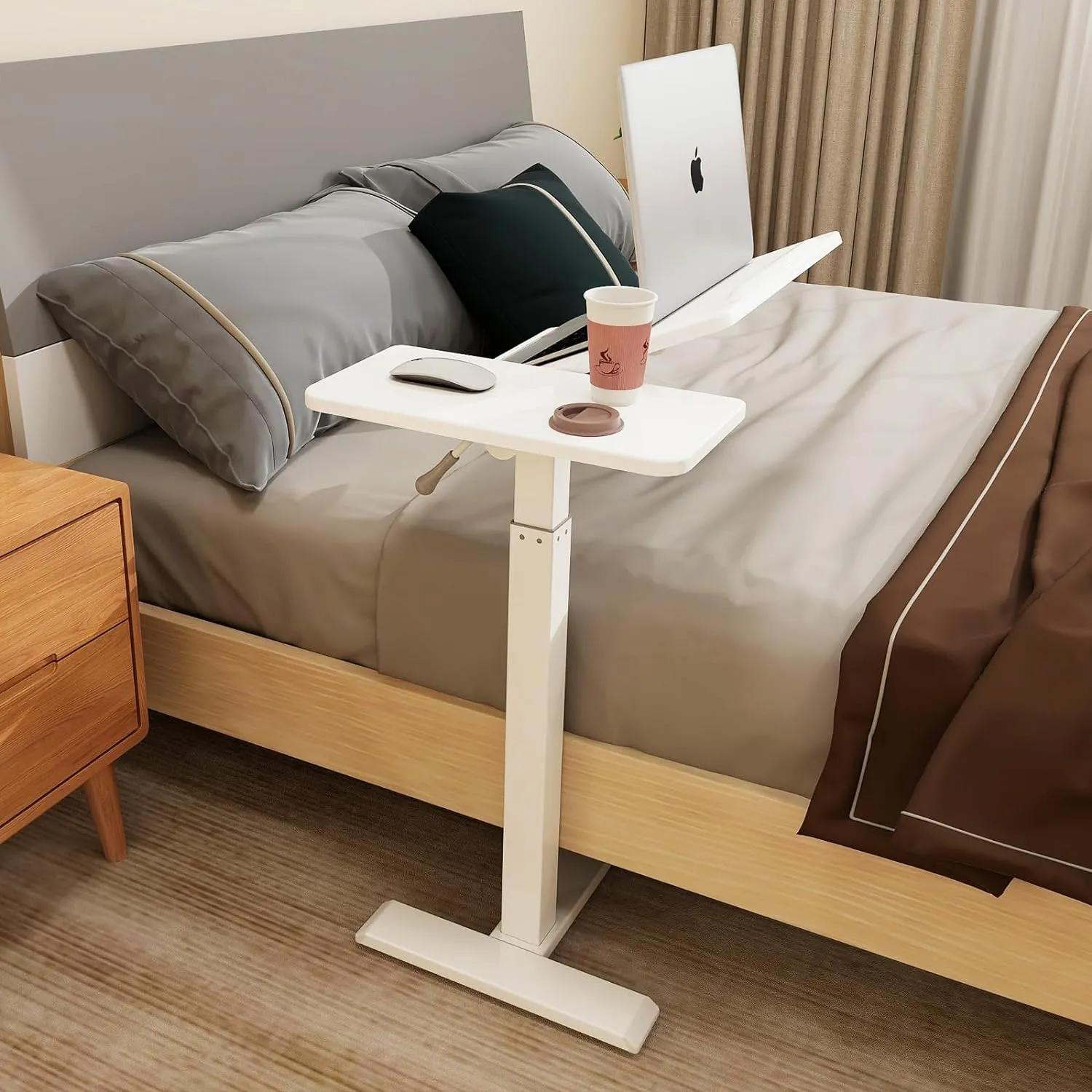 PUNCIA Adjustable Pneumatic Overbed Table with Wheels Split Top Tilting Bedside Bed Table with Tray Rolling Laptop Computer Standing Desk Cart Height 27"-40"