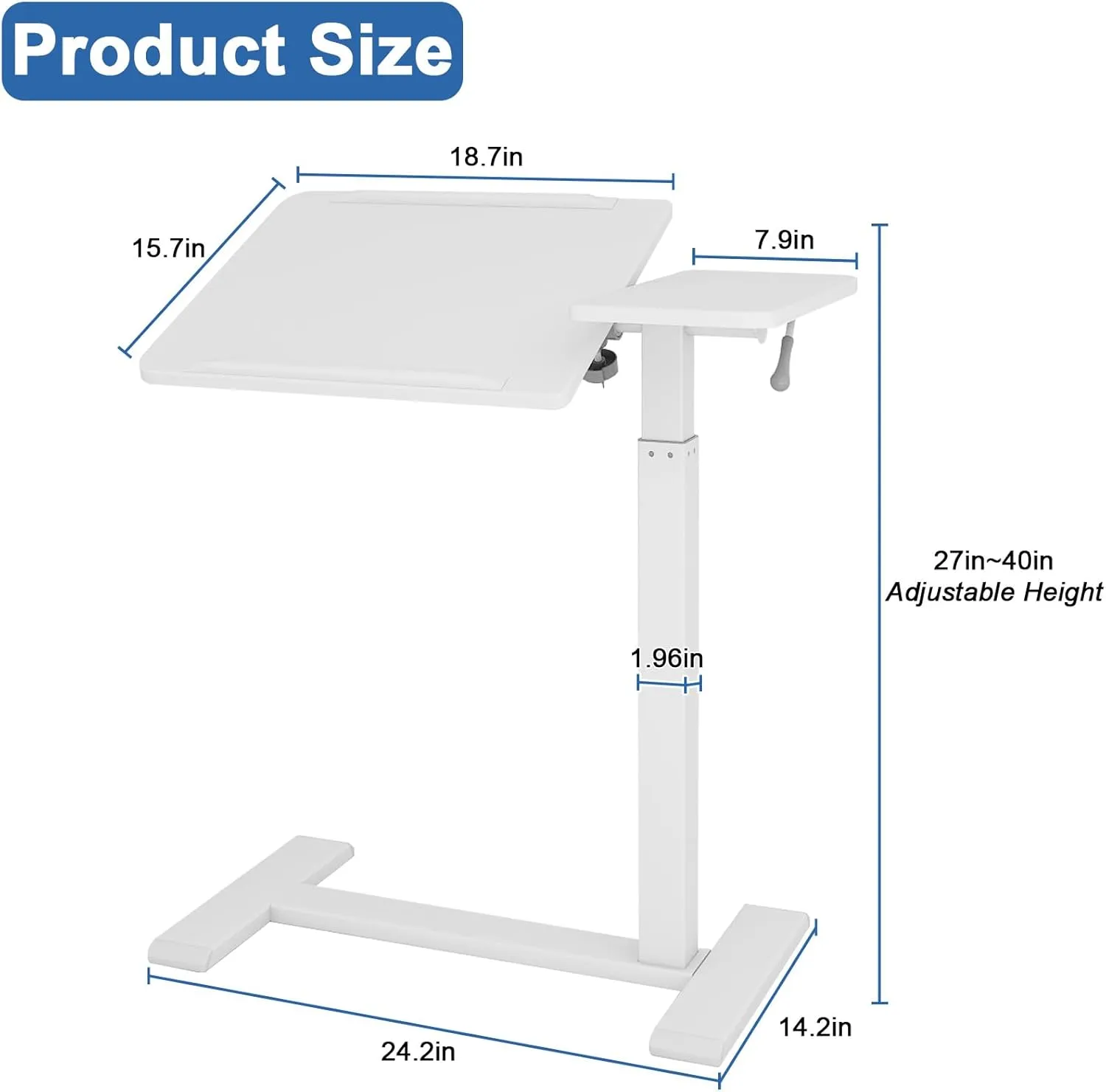 PUNCIA Adjustable Pneumatic Overbed Table with Wheels Split Top Tilting Bedside Bed Table with Tray Rolling Laptop Computer Standing Desk Cart Height 27"-40"