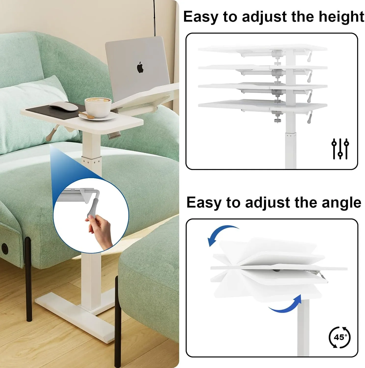 PUNCIA Adjustable Pneumatic Overbed Table with Wheels Split Top Tilting Bedside Bed Table with Tray Rolling Laptop Computer Standing Desk Cart Height 27"-40"