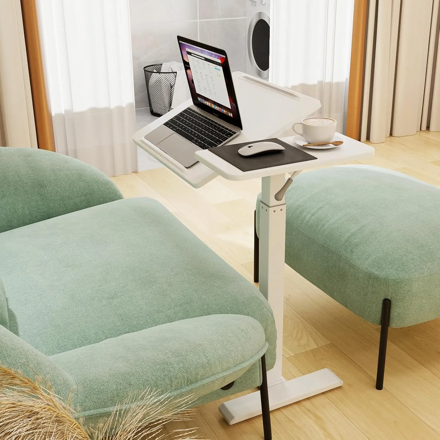 PUNCIA Adjustable Pneumatic Overbed Table with Wheels Split Top Tilting Bedside Bed Table with Tray Rolling Laptop Computer Standing Desk Cart Height 27"-40"