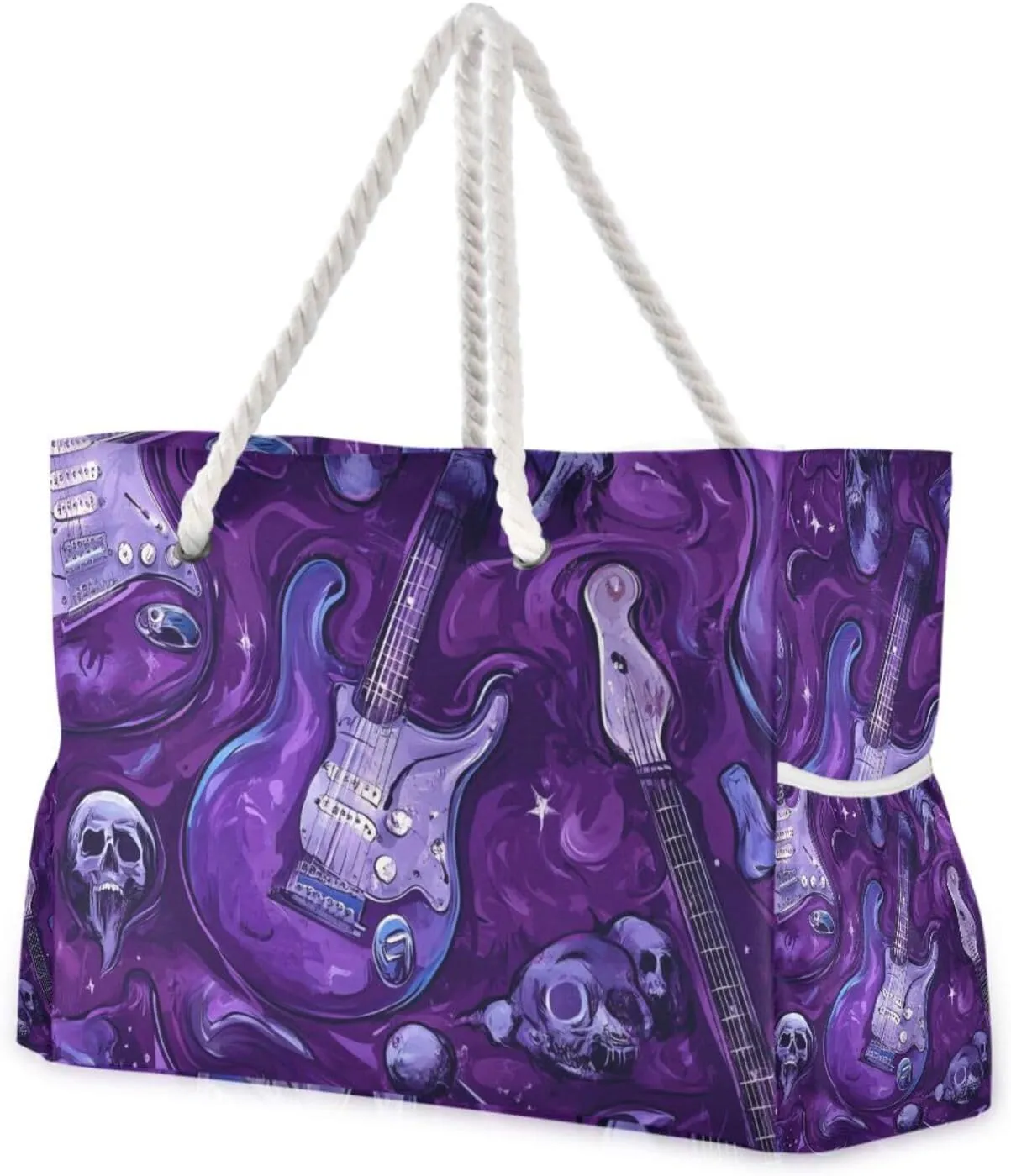 Purple Guitar Skeleton Travel Duffel Bag, Sports Waterproof Sandproof with side pockets Large Zipper Tote Bag for Pool Gym Grocery Travel