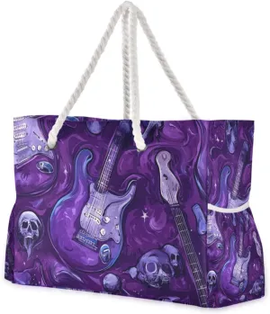 Purple Guitar Skeleton Travel Duffel Bag, Sports Waterproof Sandproof with side pockets Large Zipper Tote Bag for Pool Gym Grocery Travel