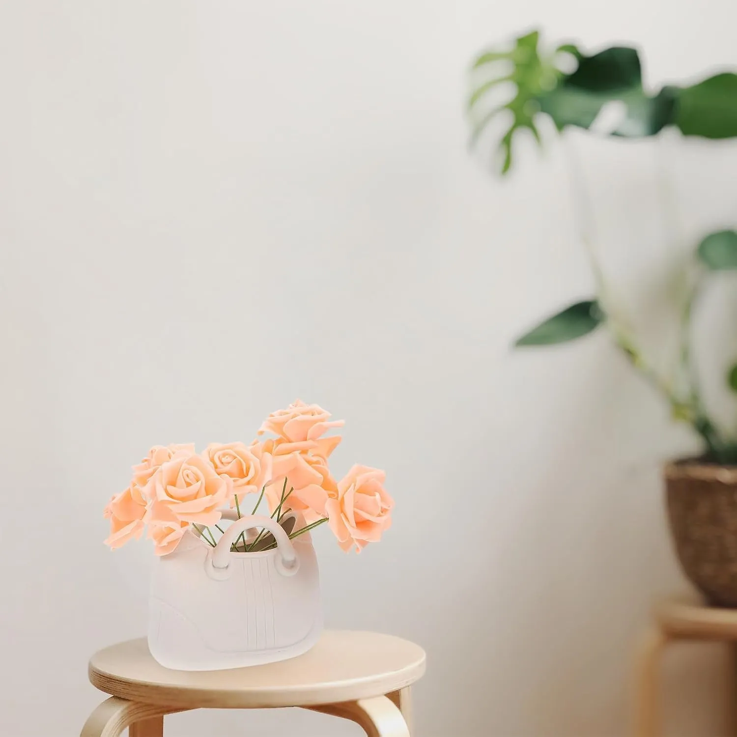 Purse Vase for Flowers, Clear Ceramics Bag Vase with Handle, Handbag Shape Vase Fish Bowl, Moon Shape Vase for Birthday Wedding, Home Garden Decor