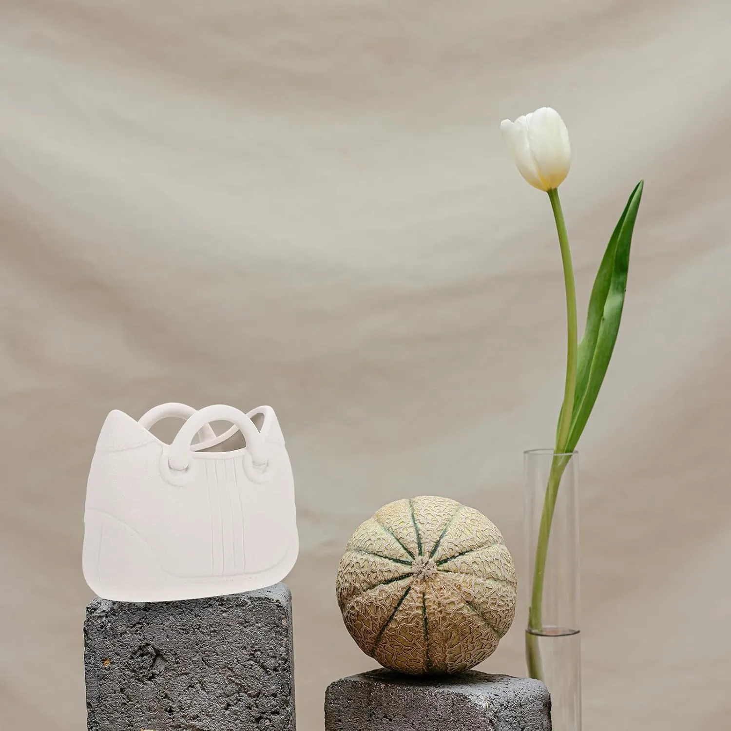 Purse Vase for Flowers, Clear Ceramics Bag Vase with Handle, Handbag Shape Vase Fish Bowl, Moon Shape Vase for Birthday Wedding, Home Garden Decor