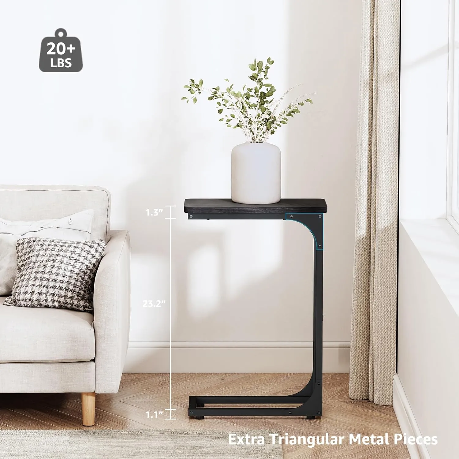 QEEIG Narrow C Shaped Side Table Set of 2 Living Room Sets Slim Couch Tray Tables Skinny Thin Small Modern 7 inch Width, Black (017-18B)