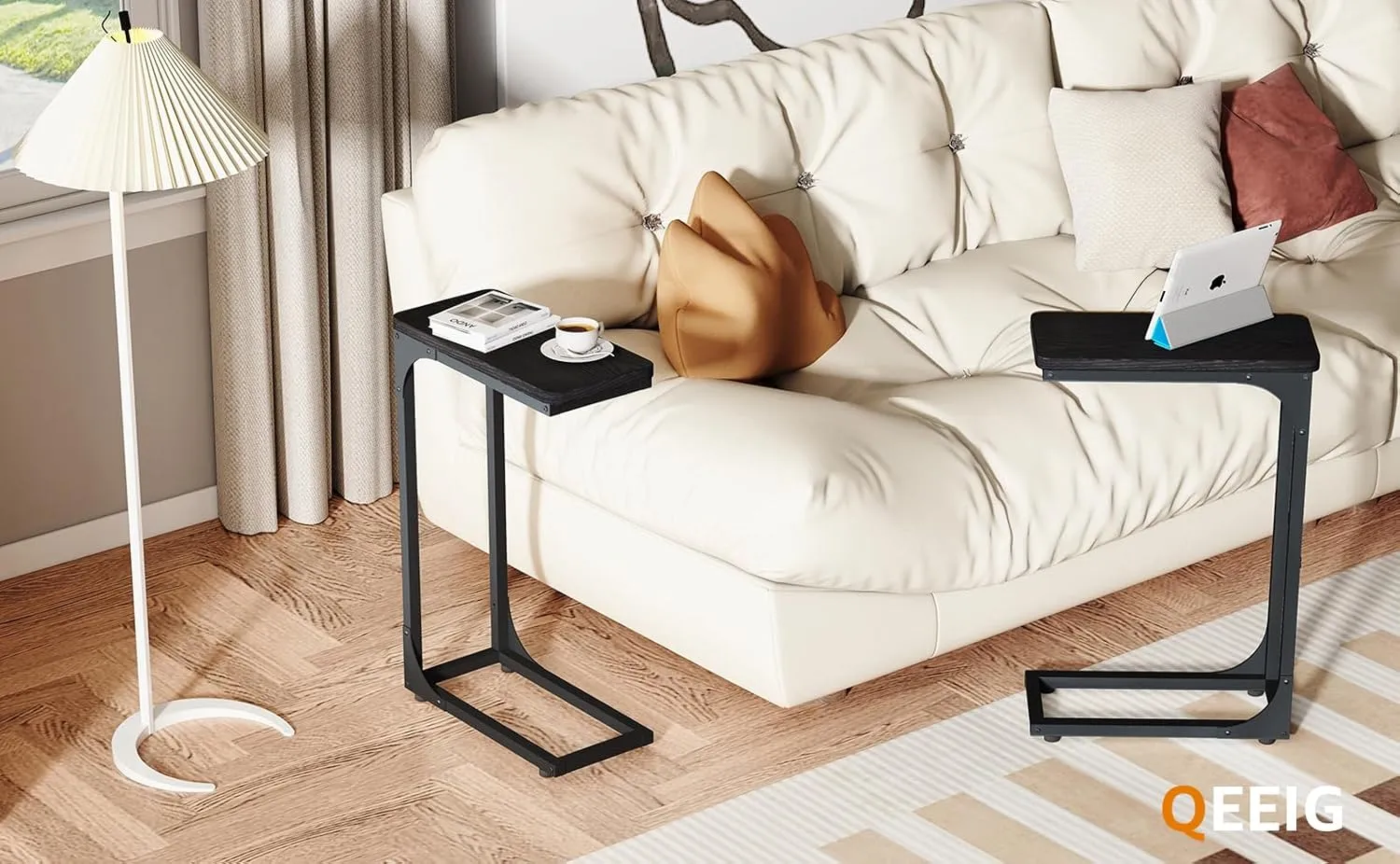 QEEIG Narrow C Shaped Side Table Set of 2 Living Room Sets Slim Couch Tray Tables Skinny Thin Small Modern 7 inch Width, Black (017-18B)