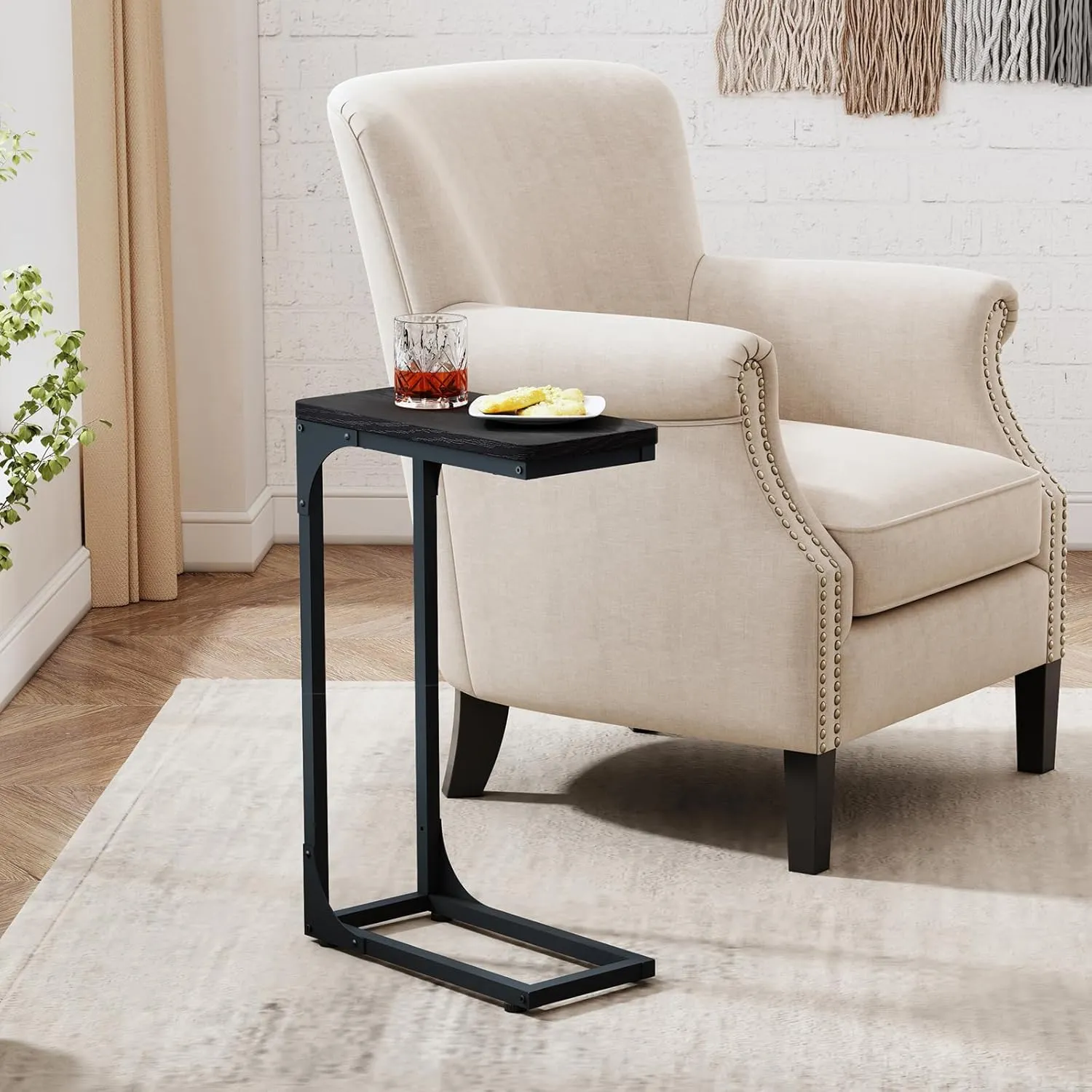 QEEIG Narrow C Shaped Side Table Set of 2 Living Room Sets Slim Couch Tray Tables Skinny Thin Small Modern 7 inch Width, Black (017-18B)