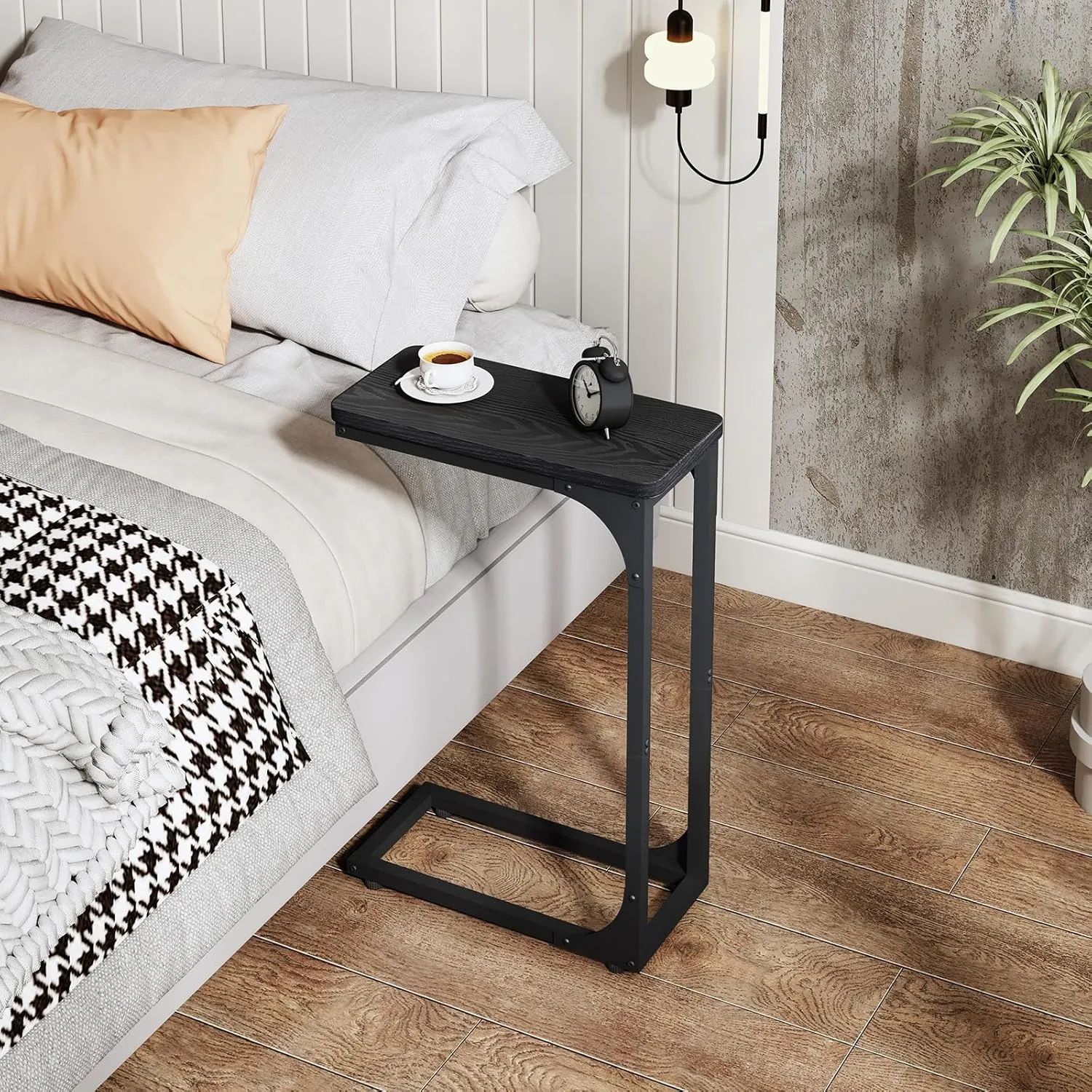 QEEIG Narrow C Shaped Side Table Set of 2 Living Room Sets Slim Couch Tray Tables Skinny Thin Small Modern 7 inch Width, Black (017-18B)