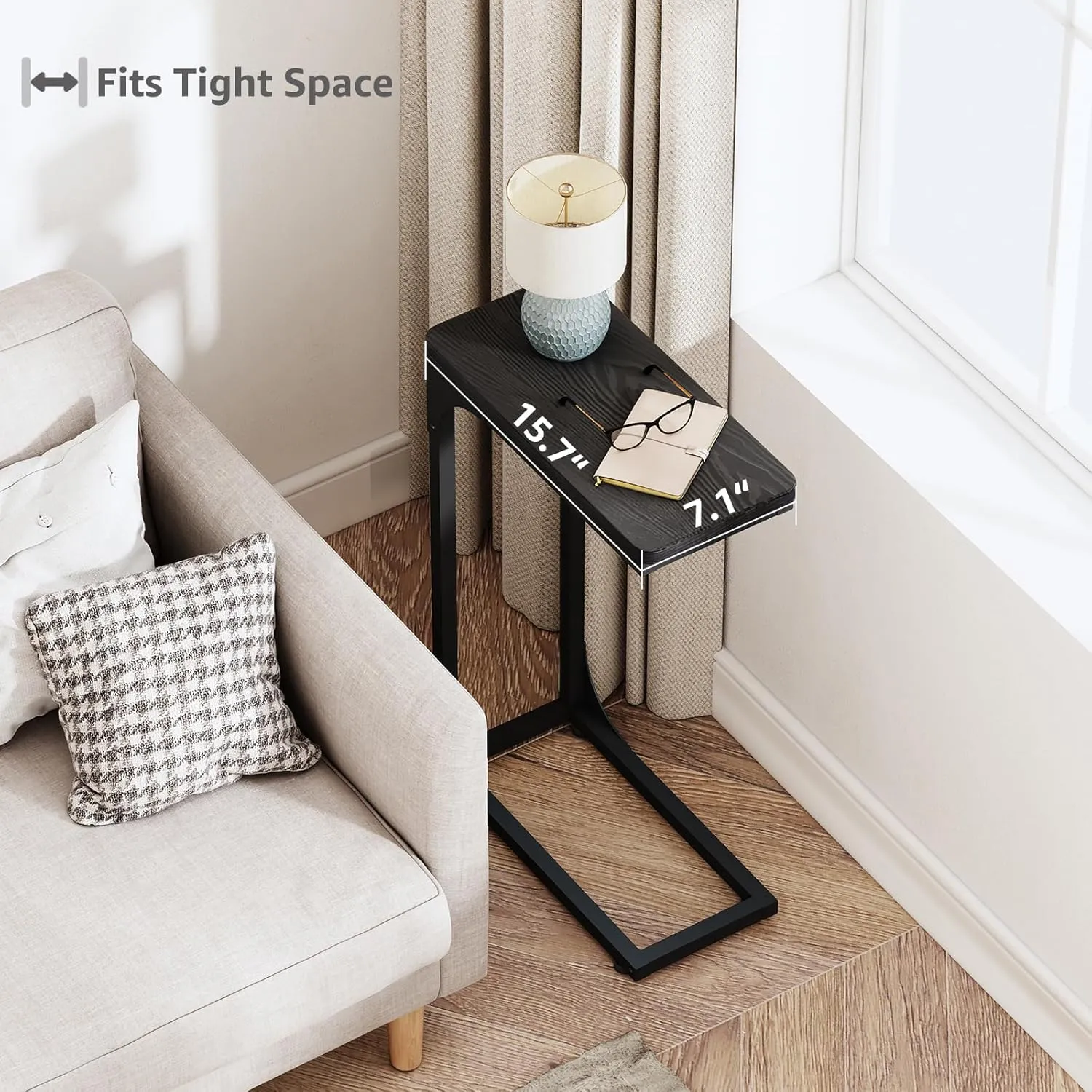 QEEIG Narrow C Shaped Side Table Set of 2 Living Room Sets Slim Couch Tray Tables Skinny Thin Small Modern 7 inch Width, Black (017-18B)