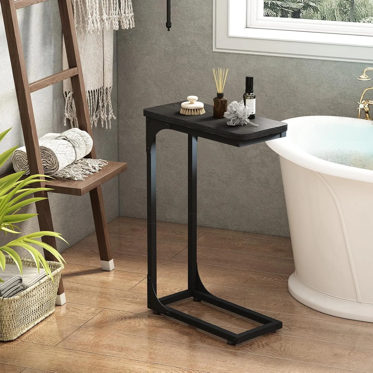 QEEIG Narrow C Shaped Side Table Set of 2 Living Room Sets Slim Couch Tray Tables Skinny Thin Small Modern 7 inch Width, Black (017-18B)