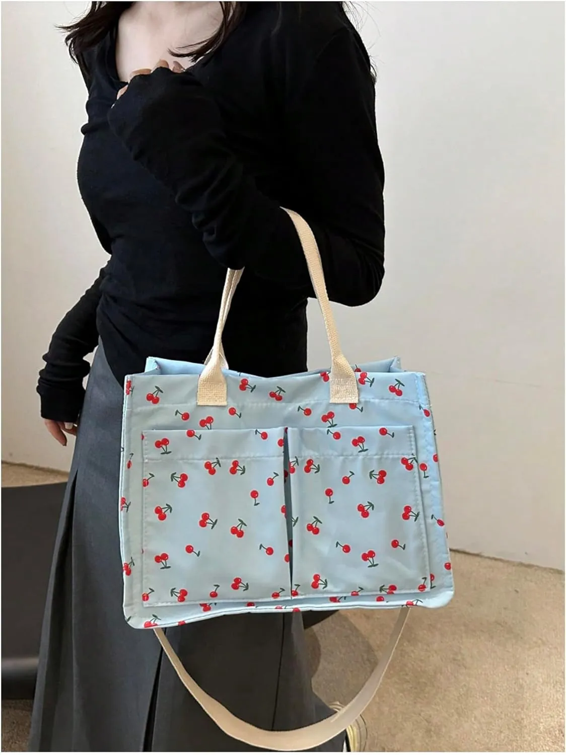 QWINEE Women's Cute Strawberry Tote Bag Double Handle Large Capacity Handbag with Adjustable Strap