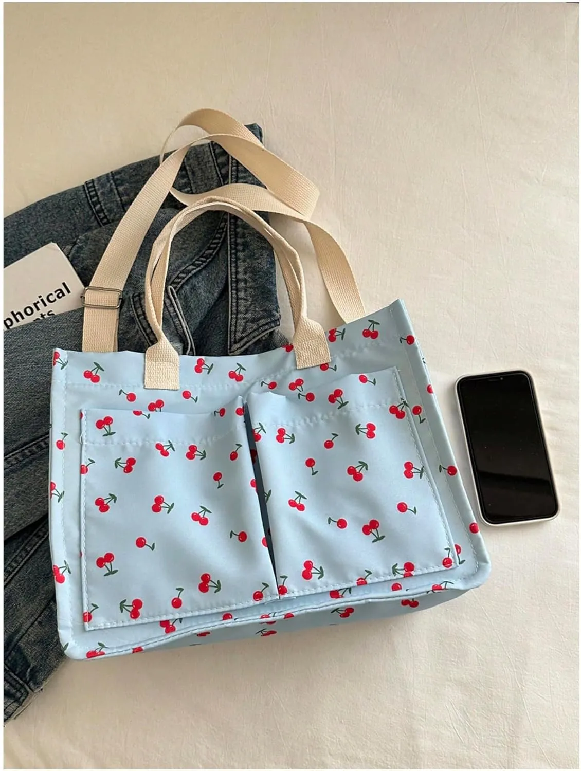 QWINEE Women's Cute Strawberry Tote Bag Double Handle Large Capacity Handbag with Adjustable Strap