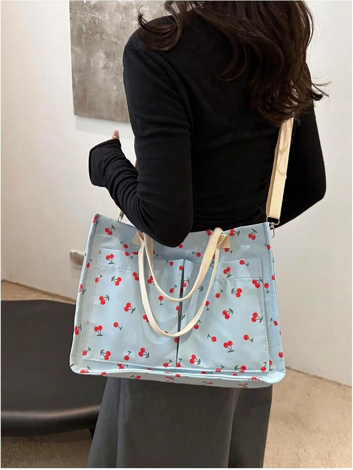 QWINEE Women's Cute Strawberry Tote Bag Double Handle Large Capacity Handbag with Adjustable Strap