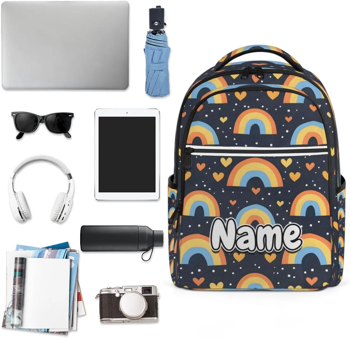 Rainbow Cartoon Print Personalized Laptop Backpack with Name Custom Shoulder Bags for Women Men Waterproof Travel Casual Daypack Laptop Bag Gifts 16.1in